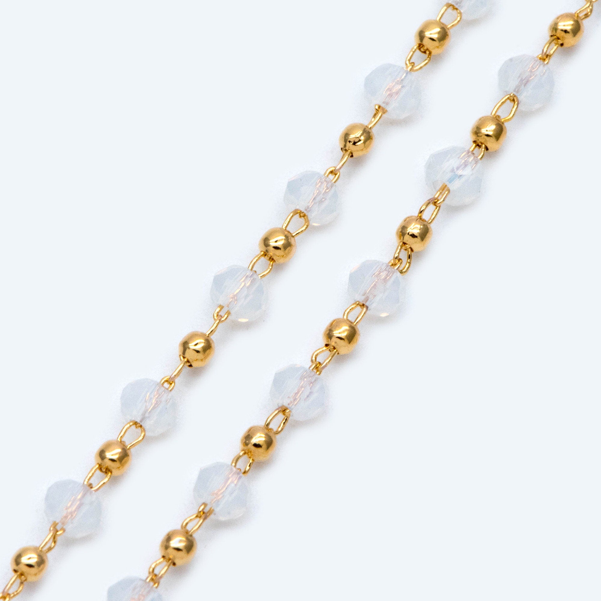 Gold Crystal Beaded Chains, Gold plated Brass Cable Chain, 3mm Glass Rondelles with 2mm Gold Round Beads (#LK-200)/ 1 Meter=3.3 ft